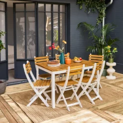 Set tavolo da giardino in acacia con angoli arrotondati con 6 sedie