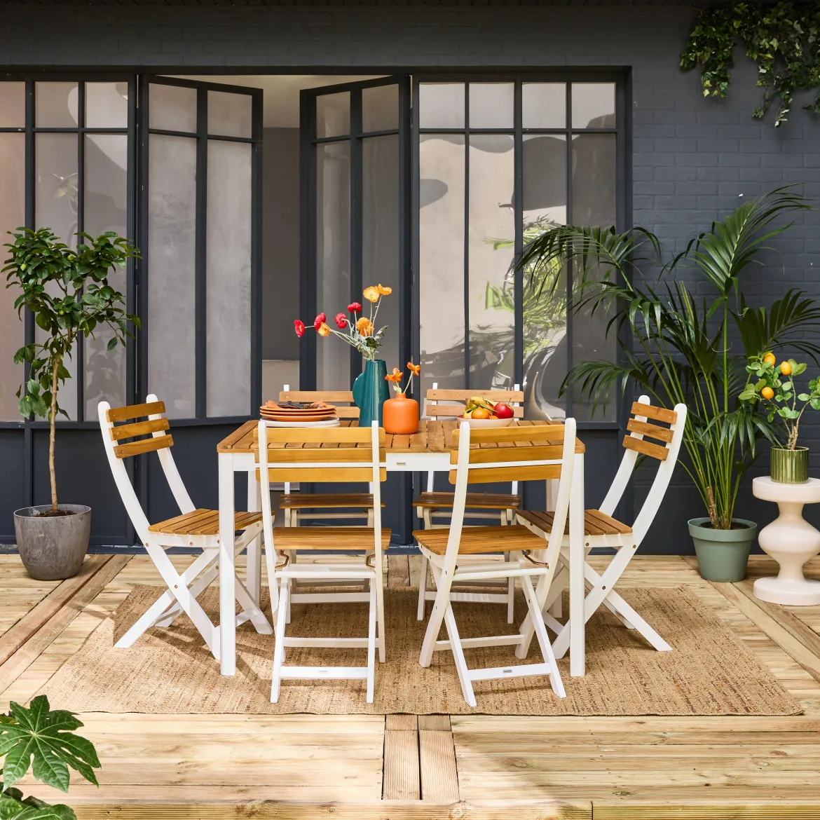 Set tavolo da giardino in acacia con angoli arrotondati con 6 sedie