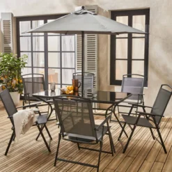 sweeek Set tavolo da giardino in acciaio con 6 poltrone e 1 ombrellone