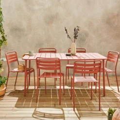 sweeek Set tavolo da giardino in acciaio con 6 sedie, 160cm