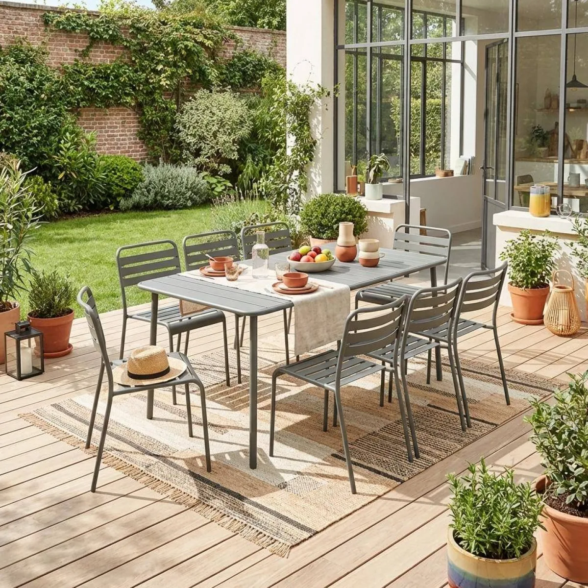 sweeek Set tavolo da giardino in acciaio con 8 sedie, 160cm