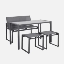 Set tavolo da giardino incastrabile in acciaio e textilene con 4 sedie
