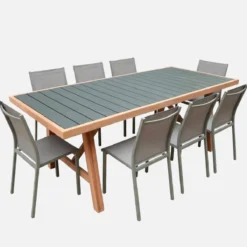 sweeek Set tavolo da giardino in legno di hevea e alluminio con 8 sedie