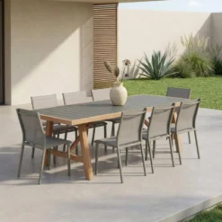 sweeek Set tavolo da giardino in legno di hevea e alluminio con 8 sedie
