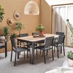 sweeek Set tavolo da giardino in legno e alluminio con 8 sedie impilabili