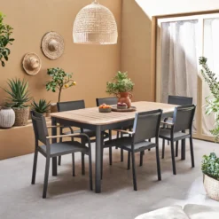 sweeek Set tavolo da giardino in legno e alluminio con 8 sedie impilabili