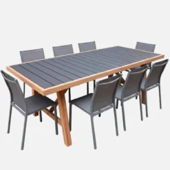 sweeek Set tavolo da giardino in legno di hevea e alluminio con 8 sedie