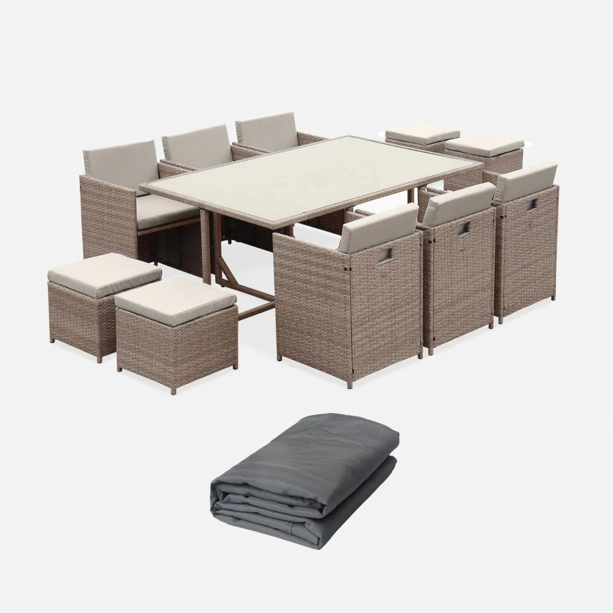sweeek Set tavolo da giardino in resina con 10 poltrone + copertura protettiva