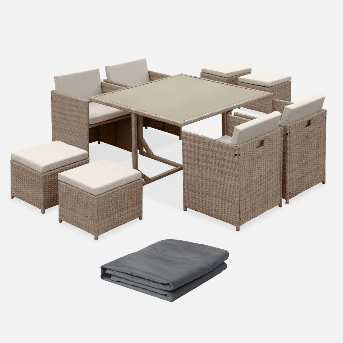 sweeek Set tavolo da giardino in resina con 8 poltrone + copertura di protezione