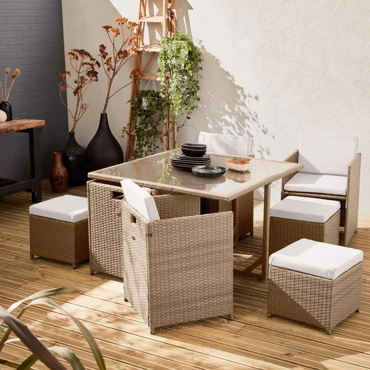 sweeek Set tavolo da giardino in resina con 8 poltrone + copertura di protezione