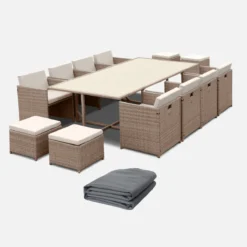 sweeek Set tavolo da giardino in resina con 12 poltrone + copertura di protezione