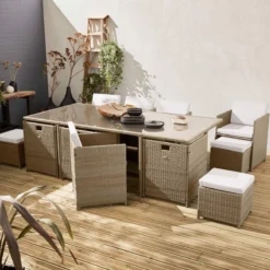 sweeek Set tavolo da giardino in resina con 12 poltrone + copertura di protezione