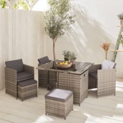 sweeek Set tavolo da giardino in resina con 8 poltrone + copertura di protezione