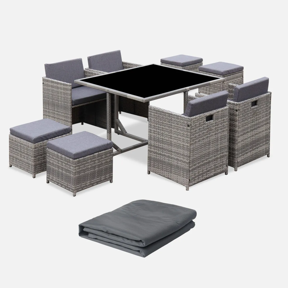 sweeek Set tavolo da giardino in resina con 8 poltrone + copertura di protezione
