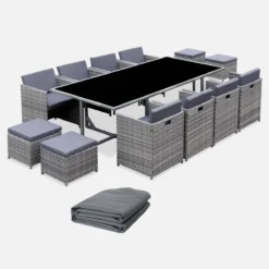sweeek Set tavolo da giardino in resina con 12 poltrone + copertura di protezione