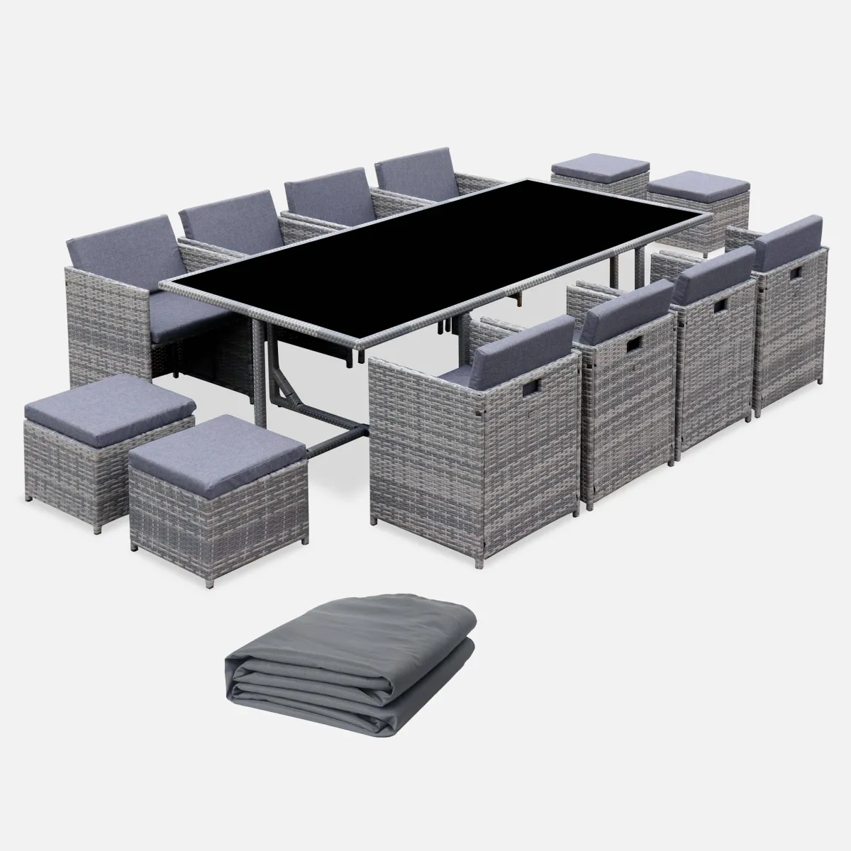 sweeek Set tavolo da giardino in resina con 12 poltrone + copertura di protezione