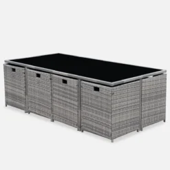 sweeek Set tavolo da giardino in resina con 12 poltrone + copertura di protezione