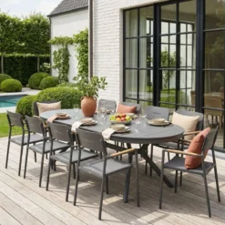 sweeek Set tavolo da giardino ovale allungabile in alluminio con 10 sedie