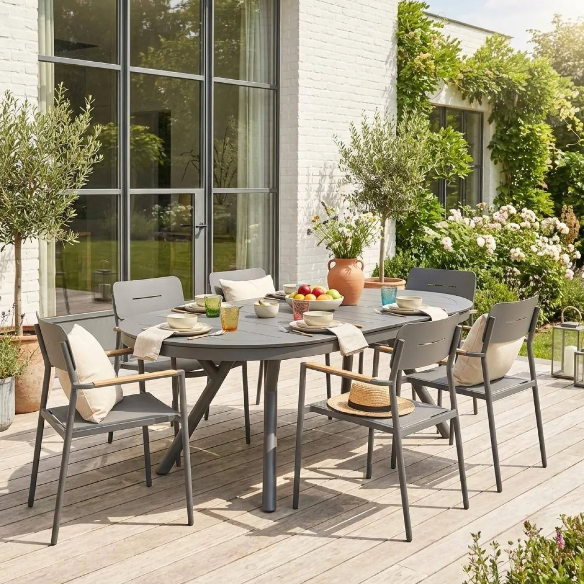sweeek Set tavolo da giardino ovale allungabile in alluminio con 6 sedie