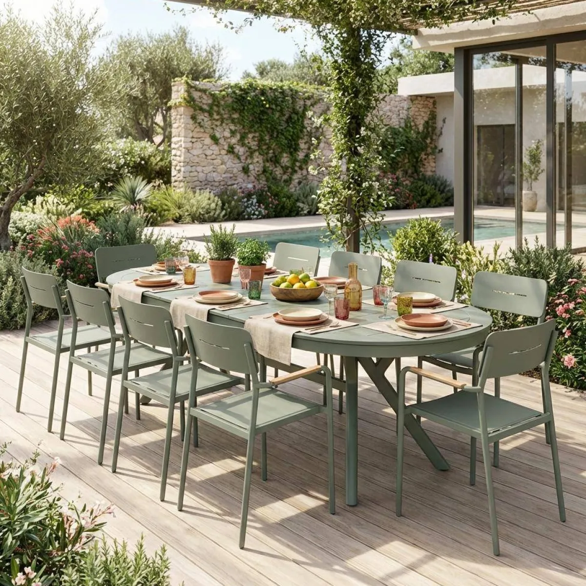 sweeek Set tavolo da giardino ovale allungabile in alluminio con 10 sedie