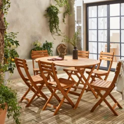 sweeek Set tavolo da giardino ovale in legno con 6 sedie