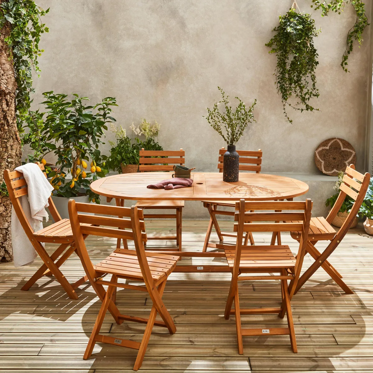 sweeek Set tavolo da giardino ovale in legno con 6 sedie
