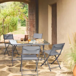 sweeek Set tavolo da giardino pieghevole in acciaio con 4 sedie
