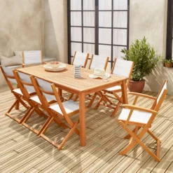 sweeek Set tavolo da giardino rettangolare allungabile in legno con 8 sedie