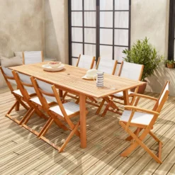 sweeek Set tavolo da giardino rettangolare allungabile in legno con 8 sedie