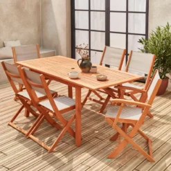 Set tavolo da giardino rettangolare allungabile in legno con 6 sedie