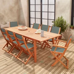 Set tavolo da giardino rettangolare allungabile in legno con 8 sedie
