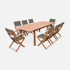 Set tavolo da giardino rettangolare allungabile in legno con 8 sedie