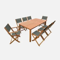 Set tavolo da giardino rettangolare allungabile in legno con 8 sedie