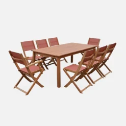 Set tavolo da giardino rettangolare allungabile in legno con 8 sedie