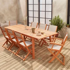 Set tavolo da giardino rettangolare allungabile in legno con 8 sedie