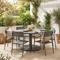 sweeek Set tavolo da giardino rotondo in alluminio con 6 sedie