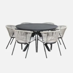 sweeek Set tavolo da giardino rotondo in alluminio e vetro con 6 sedie