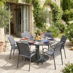 sweeek Set tavolo da giardino rotondo in altuminio con 6 sedie