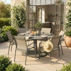Set tavolo da giardino rotondo in altuminio con 6 sedie