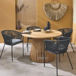 sweeek Set tavolo da pranzo rotondo in legno con 4 poltrone in corda