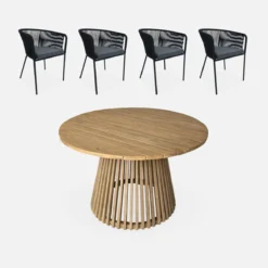 sweeek Set tavolo da pranzo rotondo in legno con 4 poltrone in corda