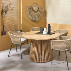sweeek Set tavolo da pranzo rotondo in legno con 4 poltrone in corda