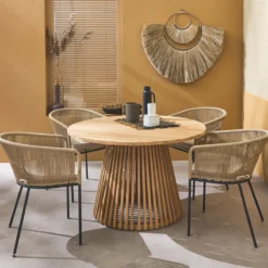 sweeek Set tavolo da pranzo rotondo in legno con 4 poltrone in corda