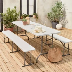 sweeek Set tavolo pieghevole per eventi con 2 panche in plastica