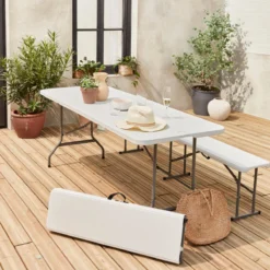 sweeek Set tavolo pieghevole per eventi con 2 panche in plastica