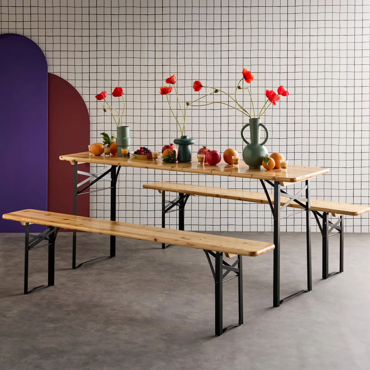 sweeek Set tavolo pieghevole per eventi con 2 panche in legno