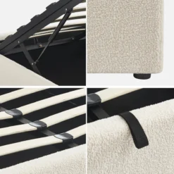 sweeek Struttura letto con contenitore e rete a doghe, imbottita bouclé bianco
