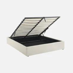 sweeek Struttura letto con contenitore e rete a doghe, imbottita bouclé bianco