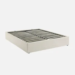 sweeek Struttura letto con contenitore e rete a doghe, imbottita bouclé bianco