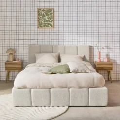 sweeek Struttura letto con contenitore e testiera 140cmx190cm, imbottita bouclé
